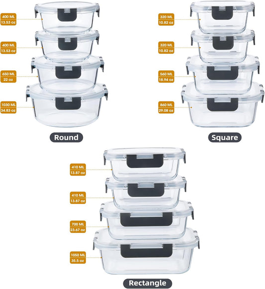 24 Pieces Glass Meal Prep Containers, Glass Food Storage Containers with Lids, Reusable Airtight Leakproof Lunch Bento Boxes Freezer, Microwave Oven and Dishwasher, Gray