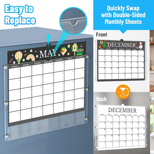 NiHome Reusable Magnetic Acrylic Dry Erase Calendar for Fridge with 12 Monthly Sheets and 9 Color Chalk Markers, Monthly Planner for Meal Prep, Family Schedule, Notes, Grocery Lists and Daily Planning