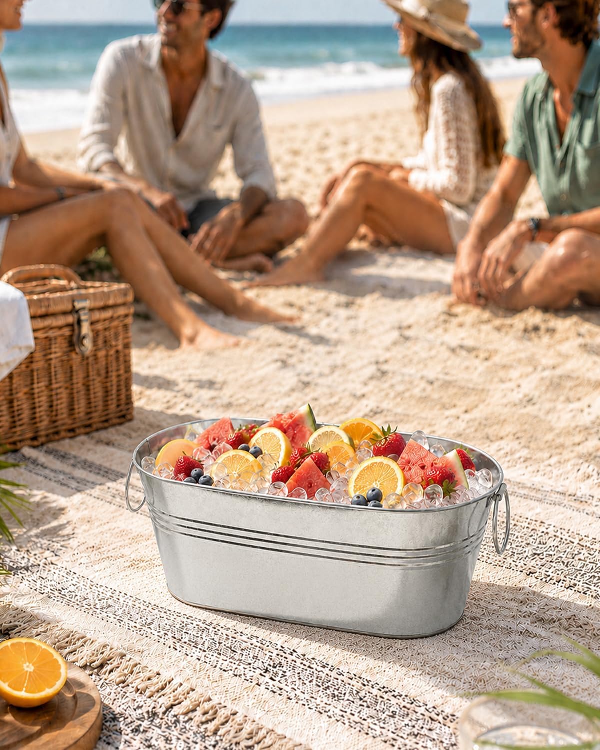 2 Pack 3 Gallon Galvanized Tub Ice Bucket, 15x7x6.5" Metal Drink Buckets for Parties, Leak-Proof Beer Beverage Tubs with Handles for Champagne Wine Mimosa Bar Supplies (White)