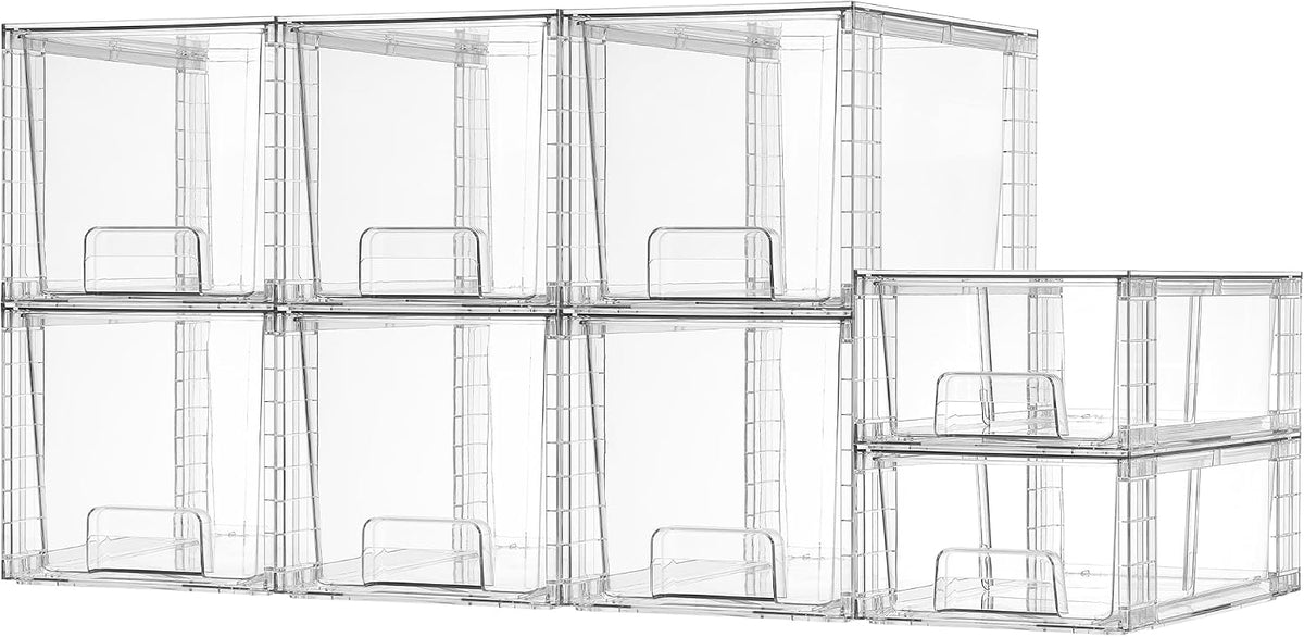 Vtopmart 4 Pack Clear Stackable Storage Drawers,Under Sink and Kitchen Organizers Storage,Easy to Assemble Plastic Drawers for Baby Bottle,Medicine, Bathroom,Cabinet and Pantry Organization