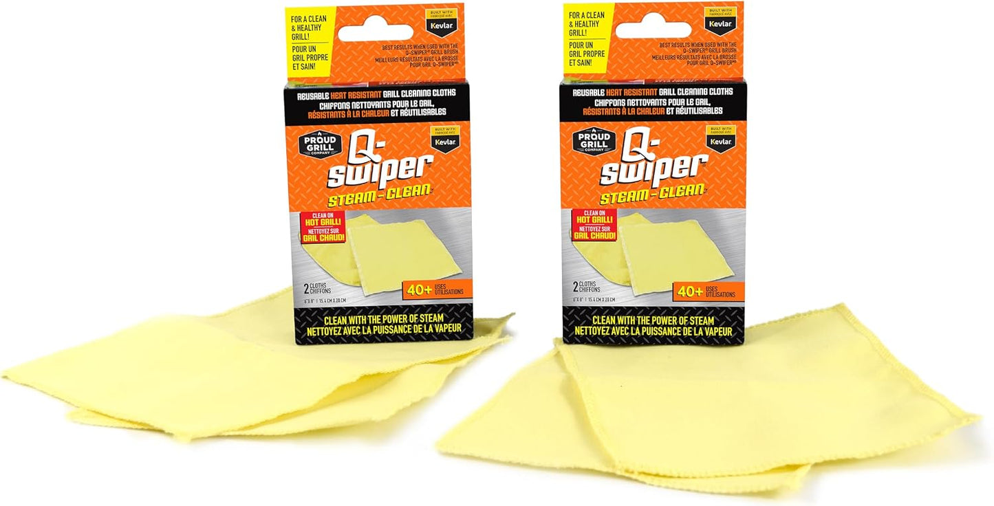 Proud Grill Q-Swiper XL Steam-Clean BBQ Grill Cleaner Set - 1 Bristle & Wire-Free Brush with Scraper, 2 Kevlar Steam Clean Cloths & 1 Water Tray, Grease & Grime Remover, Outdoor Barbecue Accessories