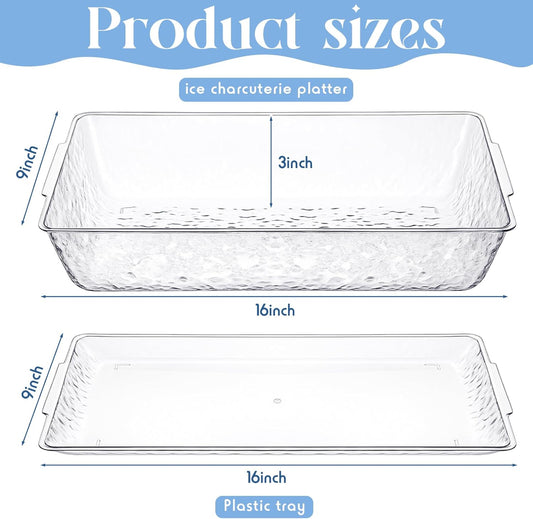 Baderke 4 Set 16" x 9" Plastic Chilled Serving Tray for Parties with Compartments Ice Chilled Party Platter Charcuterie Serving Board Cold Dish Dip for Fruit Seafood Vegetable Appetizer (Clear)