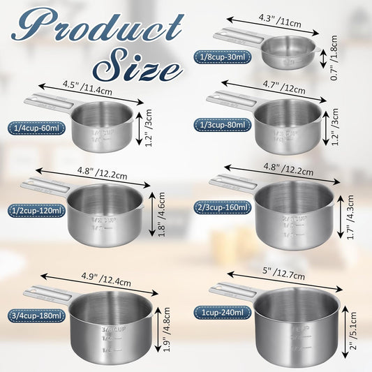 Measuring Cups and Spoons Set of 13, 7 Stainless Steel Nesting Cups and 6 Measuring Spoons, 2 Detachable Rings, Kitchen Gadgets for Baking Cooking, Dry and Liquid Ingredients