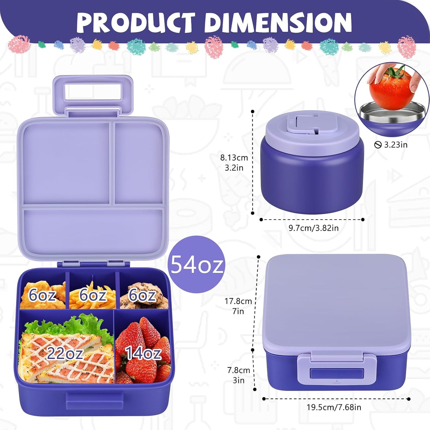 MAISON HUIS Bento Lunch Box with 8oz Soup Thermo and Insulated Lunch Bag, Kids Leakproof Lunch Food Containers with 5 Compartment, Boys Girls Thermo Hot Food Jar for Travel, School, BPA Free (Black)