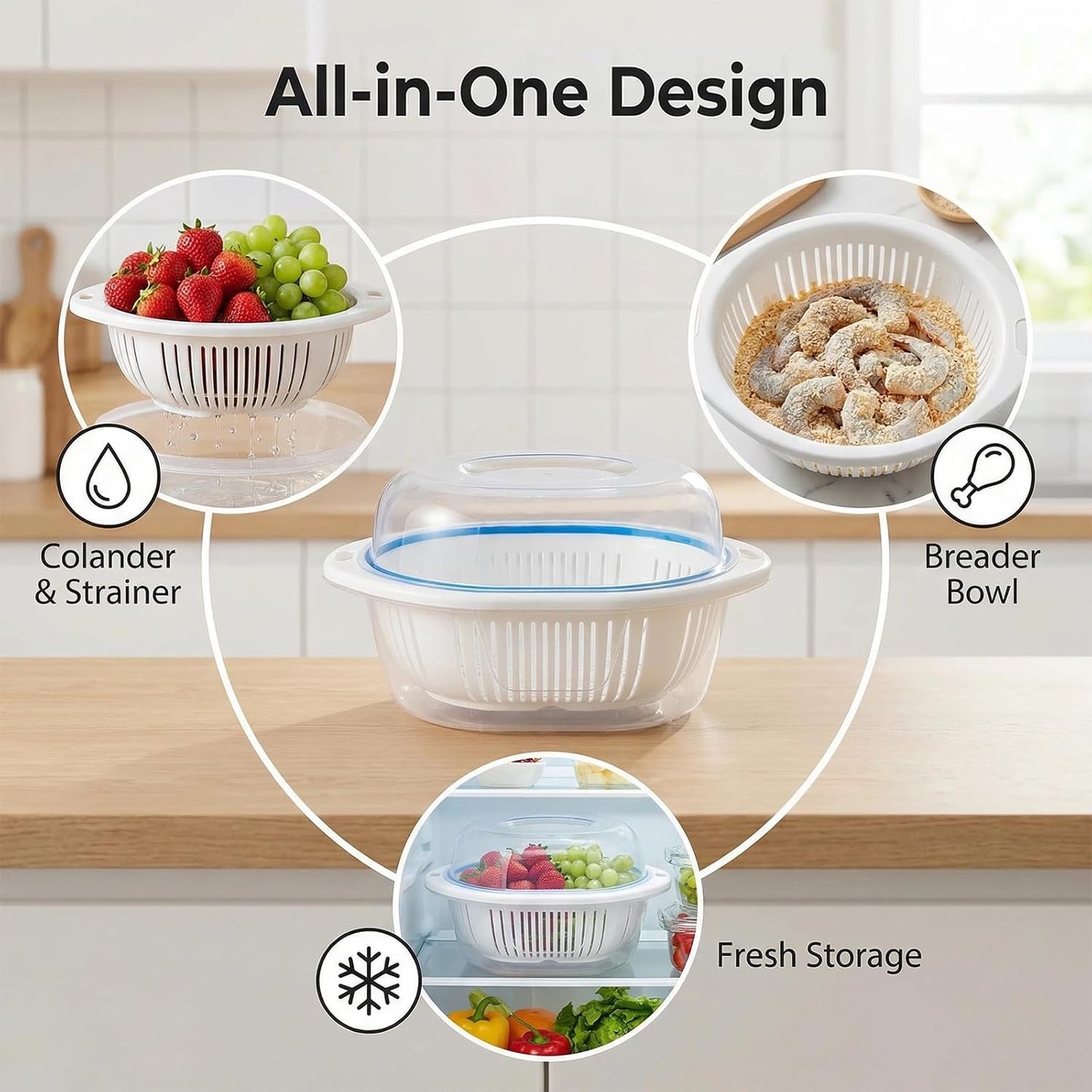 Large Batter Bowl with Lid and Tong, Mess-Free Shaker for Chicken Pork Fish Shrimp, 3-in-1 Colander Strainer and Food Storage Container for Kitchen