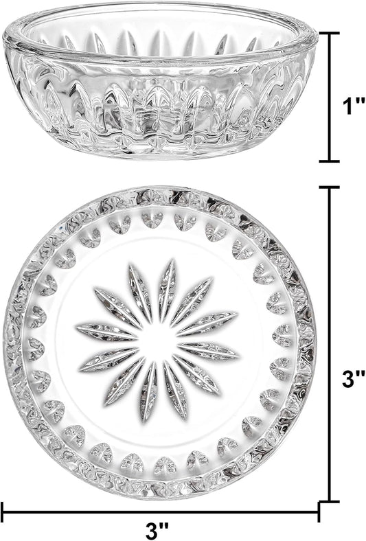 ZEAYEA Set of 8 Glass Dipping Sauce Cup, 2 oz Stackable Mini Glass Pinch Bowls for Spices, Condiments, Snack, Clear Floral Relief Design Small Prep Bowls for Kitchen, Party, Gift, Dishwasher Safe