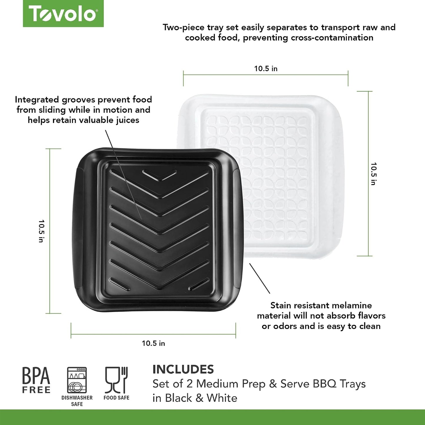Tovolo Square Grill Prep Tray BBQ Serving Trays for Outdoor Grilling Burgers Veggies Steak, Food Grade Dishwasher Safe Non Slip Nesting Black White 10.5 in Grill Trays for Bringing in and Out Meat