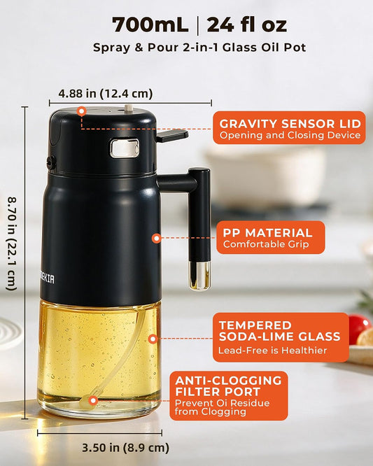 23.7oz /700ML Glass Olive Oil Sprayer for Cooking, 2-in-1 Oil Dispenser Bottle for Kitchen, Air Fryer, Salad, BBQ, Food Grade Spray Bottle with Portion Control