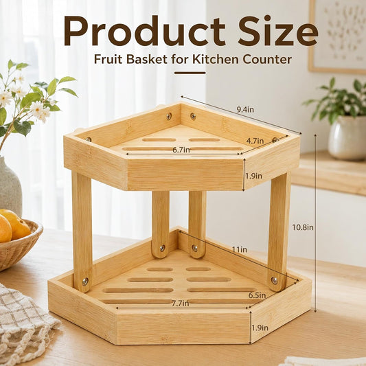 Bamboo 2 Tier Fruit Basket for Kitchen Counter, Corner Fruit Stand Holder, Detachable Countertop Organizer Large Capacity for Vegetables, Bread, Snack, Spice Jars Storage(Bamboo,2 Tire)