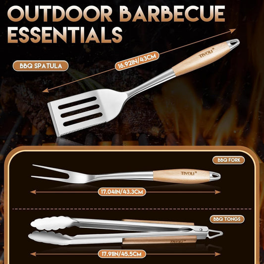TIVOLI 4PCS Grilling Accessories, Heavy Duty BBQ Tool Set with Stainless Steel Spatula, Tongs, Fork, Cleaning Brush, Wood Handles Barbecue Utensils Kit for Outdoor, Perfect Grill Gifts for Dad Men