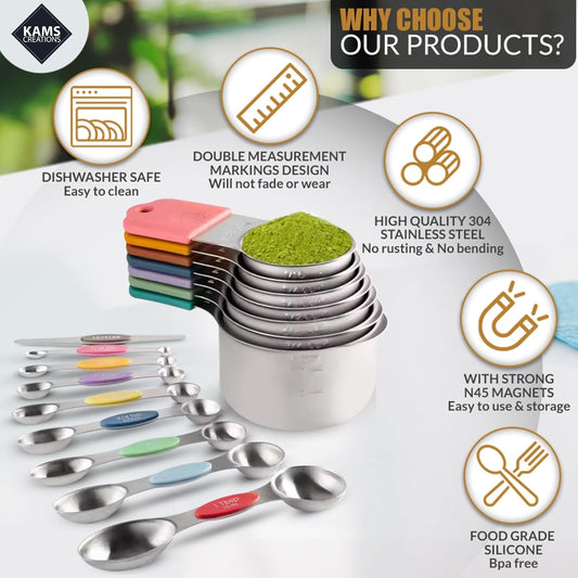 Stainless Steel Magnetic Measuring Spoons Set & Cups 16PCS - Double Sided Measuring Spoons, Stackable Measuring Spoons & Cups with Leveler - Premium Metal Measuring Spoons