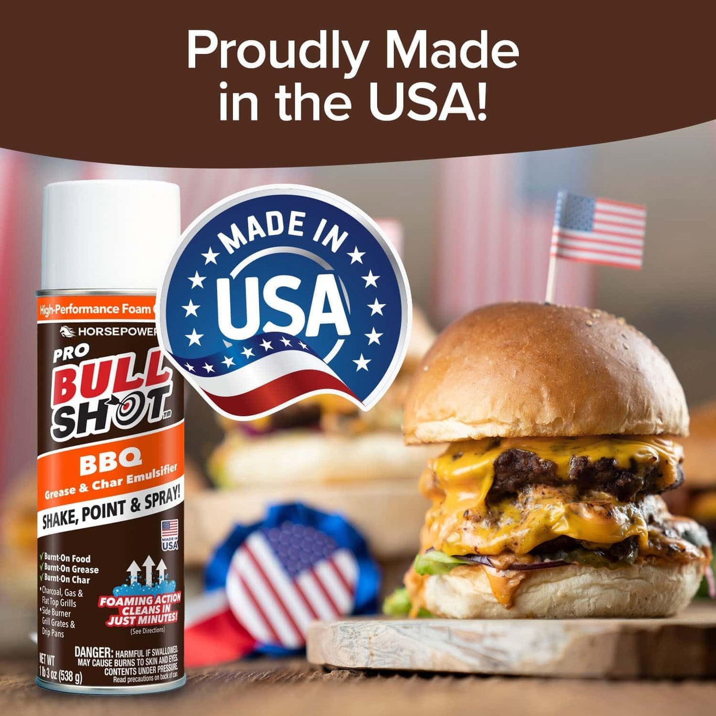 Bull Shot BBQ MAX Pro Super-Concentrated Foaming Grill Cleaner, AS SEEN ON TV, Made in USA, Shake, Point & Spray, Emulsifies Grease & Char on Grills, Stove Burners, Drip Pans & More