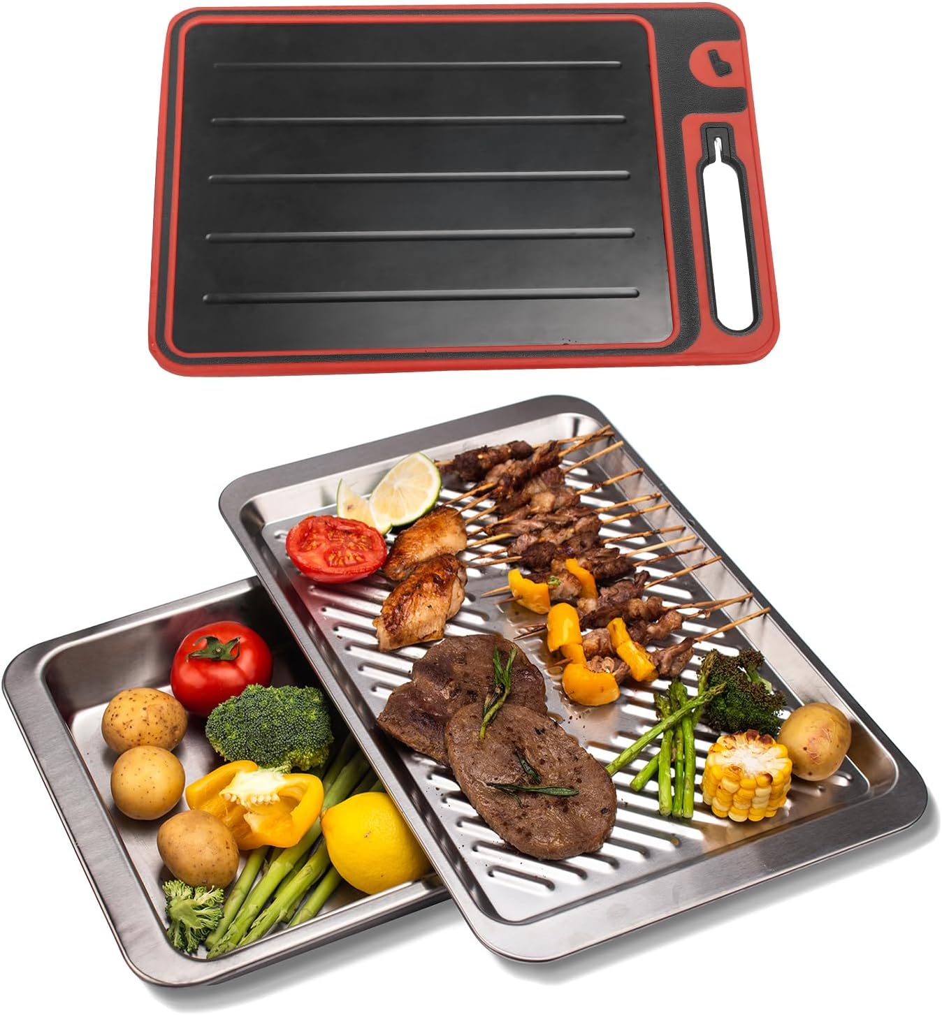 Grilling Prep and Serve Trays, Set of 2 Stackable Stainless Steel BBQ Trays, Deep Marinating Container, Serving Platter for Plating Food, BBQ Prep Tub for Marinating Meats, Grill Accessories