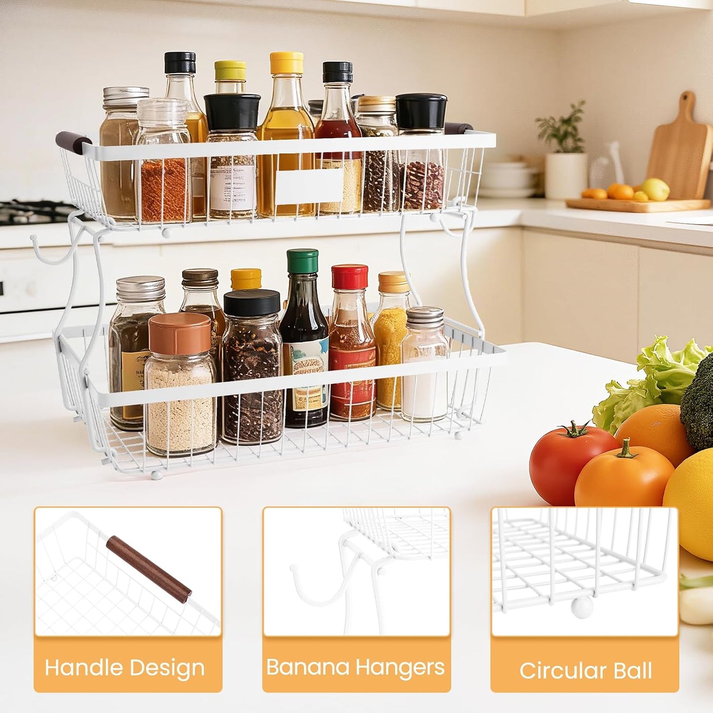 2-Tier Stackable Wire Basket with 2 Banana Hooks, Pantry Organizer for Kitchen Countertops, Cabinets & Under-Sink Spaces; Ideal for Storing Snacks, Fruits, Veggies, Onions, Potatoes, & More,Black