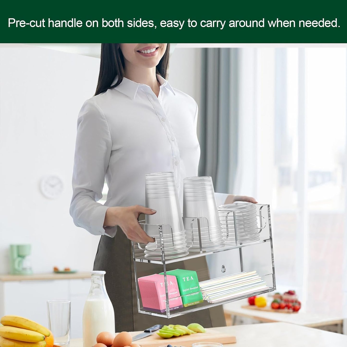 Disposable Coffee Cup Dispenser with Handles, 2-Tier 4 Compartments Clear Acrylic Paper Cup and Lid Storage Organizer for Coffee Bar Kitchen Accessories Restaurant Breakroom Party Supplies