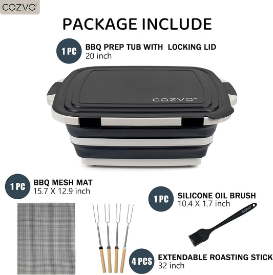 6-in-1 Collapsible BBQ Prep Tub & Marinade Container with Locking Lid | 20" Multifunction Camping Sink, Portable Cutting Board, and Food Storage Bin for Grilling, Picnics, Tailgating - Black