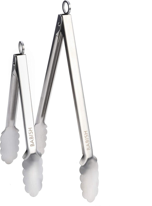 Babish 2-Piece Locking Kitchen Tongs Set – 12” & 9” Stainless Steel Cooking Tongs with Non-Slip Grip – Heavy-Duty BBQ, Grilling & Serving Tools