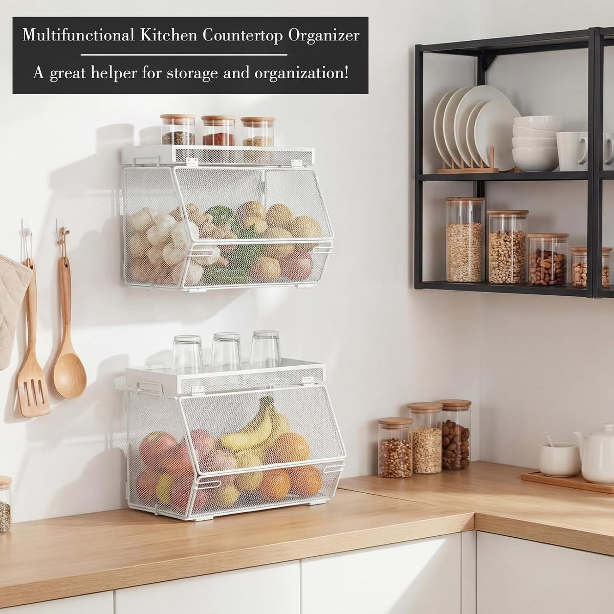 Teenyyou 2 Pcs Stackable Mesh Fruit Basket with Lid Wall Produce Vegetable Storage Basket Onion Potato Hanging Metal Wire Container for Kitchen Counter Pantry(Non-removable,Black,8.3" w & 13.8" l)