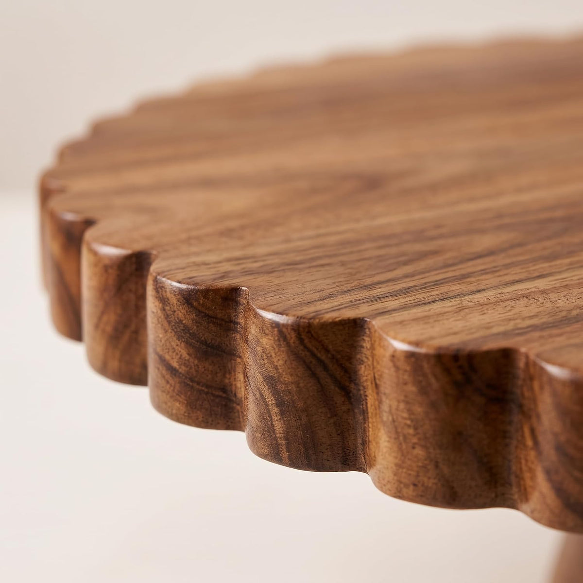 13 Inch Acacia Wood Cake Stand with Lazy Susan - Rotating Cake Turntable for Decorating, Scalloped Wooden Cake Spinner for Wedding, Birthday, Party - Includes 50Pcs 9" Parchment Paper