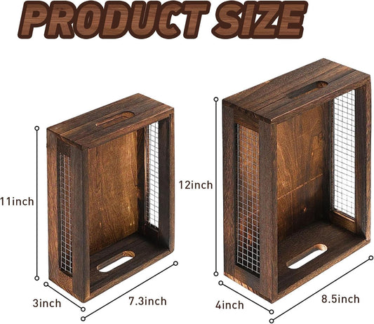 Wooden Crates Storage Boxes Rectangular Wood Craft Basket | 2 Pcs Unfinished Decorative Nesting Cases With Handles, Home Kitchen Desktop Organizer, Closet Plant Display Frames