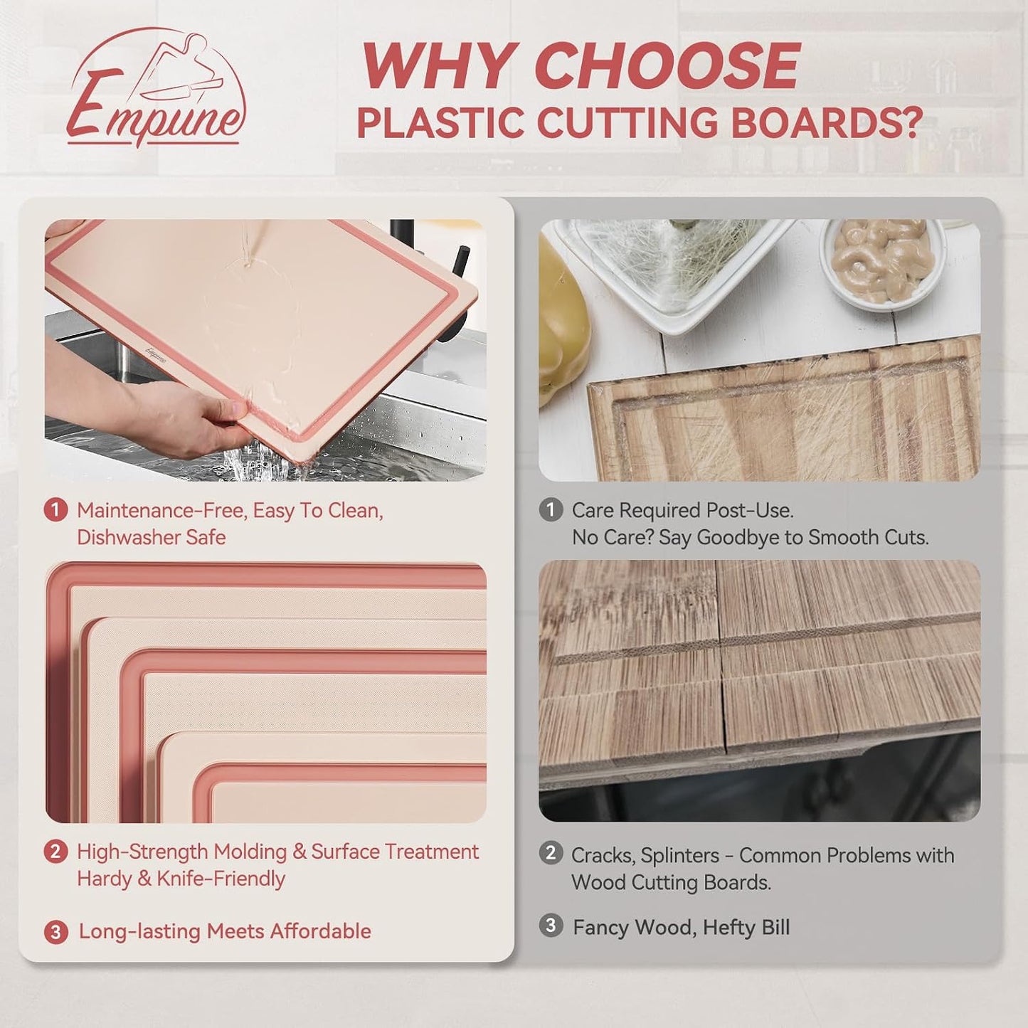 Empune Plastic Cutting Board Set, Recycled Plastic Cutting Boards for Kitchen (Set of 3), Dishwasher Safe Large Chopping Board with Holder, Non-slip Feet and Juice Grooves, Nonporous, Grey