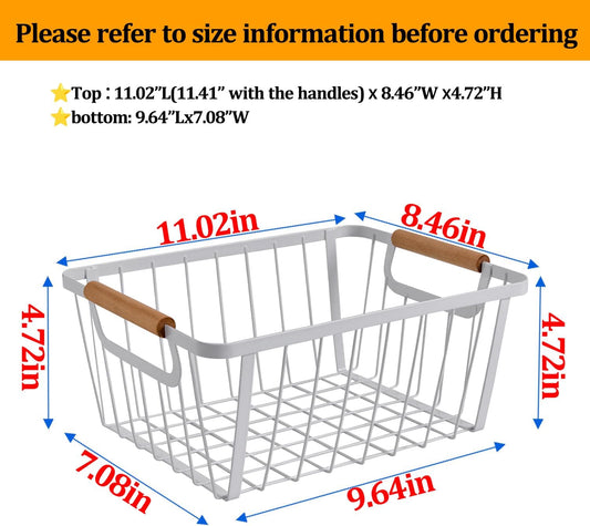 LeleCAT White wire baskets for organizing with Wooden Handle ,Metal Wire Storage Baskets Country Vintage Style Snack Baskets. pantry organizers and storage,Kitchen,Bedroom,Bathroom,White,Set of 2