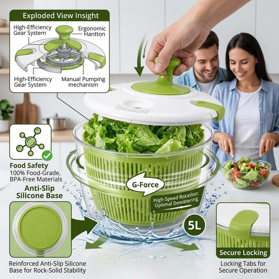 Salad Spinner-Lettuce Spinner, 5QT