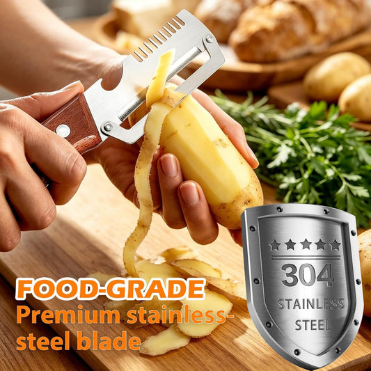 2PCS Multifunctional Vegetable Peeler, 3-in-1 Stainless Steel Vegetable Peeler with Wooden Handle and Bottle Opener, Kitchen Gadgets for Fruit Veggie Potato Pumpkin Apple Carrot