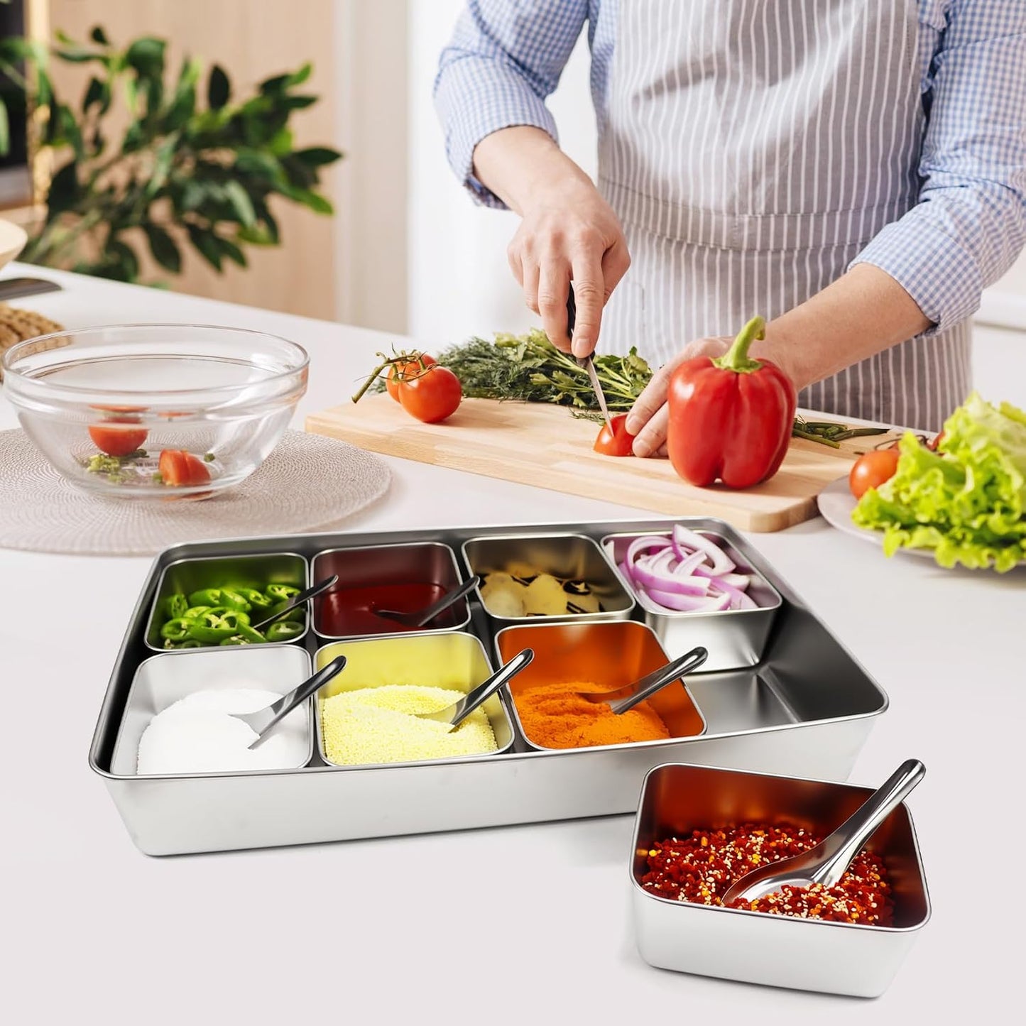 Yakumi Pans, Stainless Steel Yakumi Pan, Yakumi Mise En Place, Mise En Place Containers, 8 Compartment Stainless Steel Condiment Containers with Lids Spoons, Spice Box Indian Masala Dabba