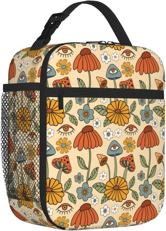 70s Retro Mushroom Floral Insulated Lunch Bag Reusable Cooler Lunch Box Portable Leakproof Thermal Container Tote Bags for Girls Boys School Travel