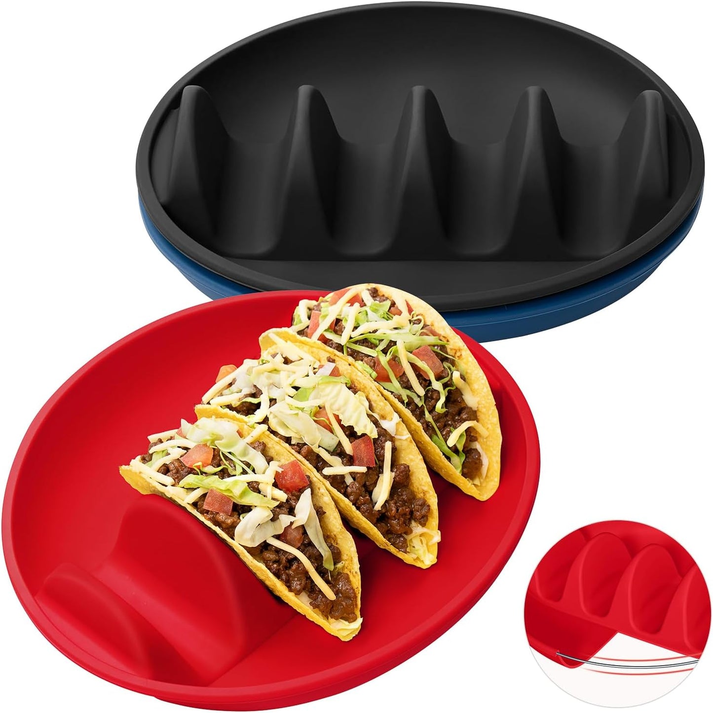 3Pack Silicone Taco Plates with Metal Reinforced Frame, AODISTUCE Silicone Taco Holders with 4 Dividers, Reusable Taco Shell Holder Taco Tray Taco Bar Serving Set for Party Taco Night, Dishwasher-Safe