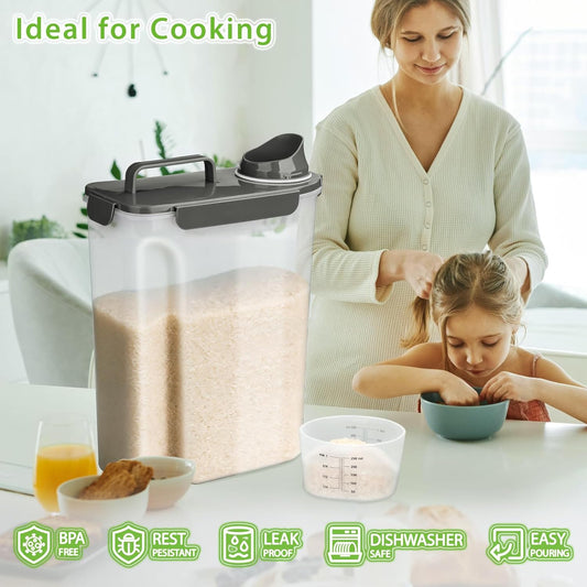 Viretec Rice Storage Container, 15 to 20lb Dry Food Airtight Dispenser, Pet Dog Cat Food Canister, BPA Free Clear Plastic Kitchen and Pantry Bin for Oatmeal, Cereal, Pasta, Flour Pack of 2 Grey