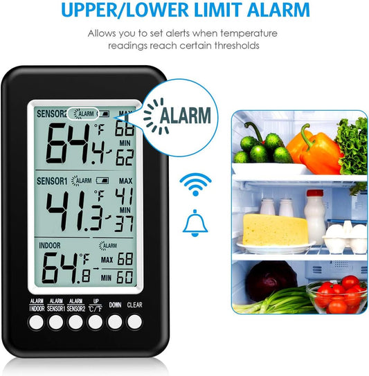 (Upgraded Version) AMIR Refrigerator Thermometer, Wireless Digital Freezer Thermometer with 2 Sensors, Indoor Outdoor Thermometer with Audible Alarm Temperature Gauge for Freezer Kitchen Home