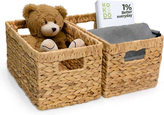 KOKODO Wicker Storage Basket Set of 2, Rectangular Baskets for Shelves with Handles & Chalkboard Labels, Handwoven Water Hyacinth Baskets for Organizing Pantry, Closet & Home.