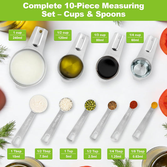 Stainless Steel Measuring Cups and Spoons Set of 10, Nesting Measuring Cup Set - 4 Cups 6 Spoons, Stackable Measure Cup Spoon Set for Dry & Liquid,Dishwasher Safe Kitchen Tools Cooking Baking Supplies