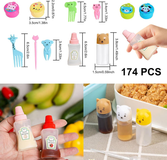 174 Pcs Bento Box accessories Condiment Squeeze Bottles Kids Lunch Accessories Reusable Sauce Containers Mini Ketchup Bottle And Animal Fruit Food Toothpicks for Camping Office Accessories