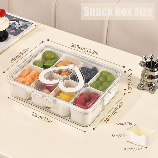Snackle Box Container Portable - Large 8-Compartment Divided Serving Tray with Lid and Handle, Grab and Go Snack Containers Reusable for Travel and Outdoor Camping, Leak-Proof, BPA-Free