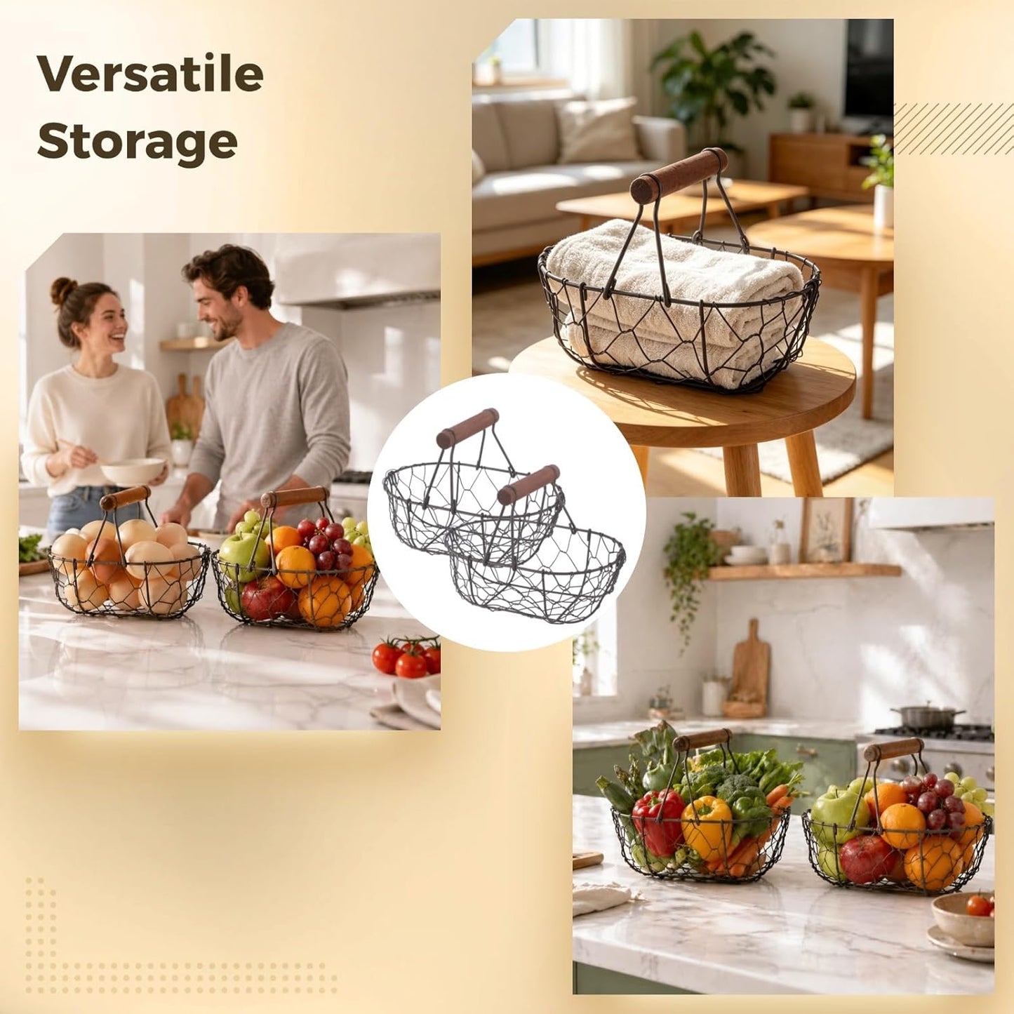 2 Pcs Chicken Wire Egg Baskets, Farmhouse Chicken Egg Collecting Baskets, Rustic Metal torages with Wooden Handle, Small Stackable Holders for Fruits, Vegetables, Sundries