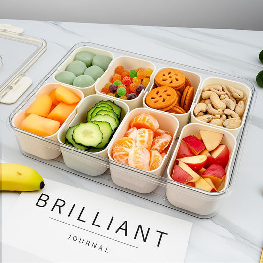 Portable Divided Snackle Box Serving Tray with Lid & Handle | Travel-friendly storage organizer. Multiple compartments for fruits, snacks, and sauces. Secure lid keeps food fresh.