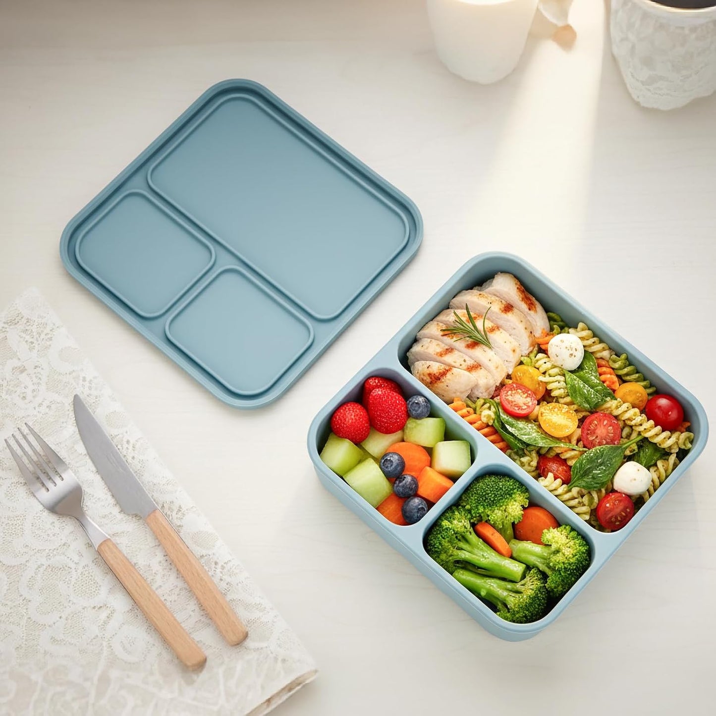 Silicone Bento Box Adult Lunch Container, 3 Compartment Container, Food Grade Silicone Bento Lunch Box for Work Travel Meal Prep, Leak-proof Food Storage Container(1 Pack Nile Blue)
