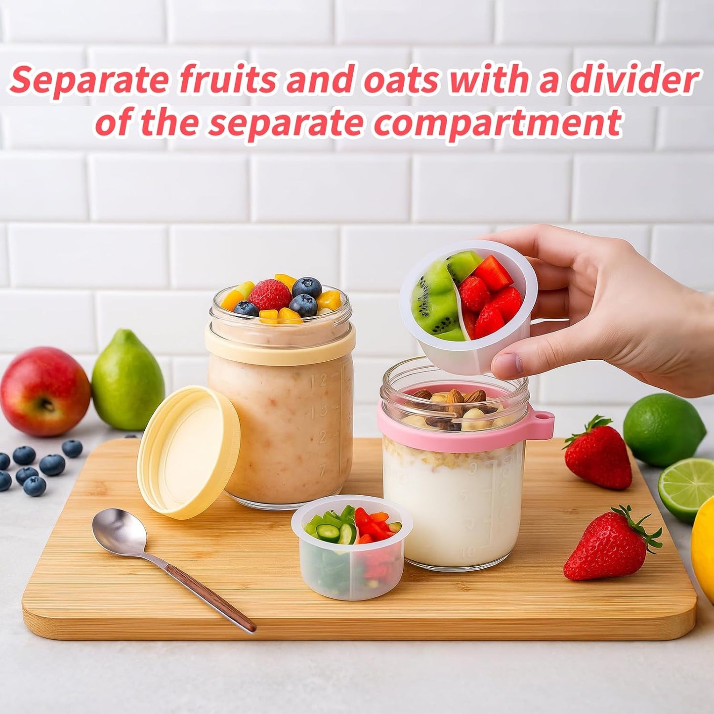 6 Packs Overnight Oats Containers with Lids, 16 Oz Glass Mason Jars with Spoons and Removable Separate Compartments Large Airtight Overnight Oats Jars for Milk Yogurt Fruit Salad