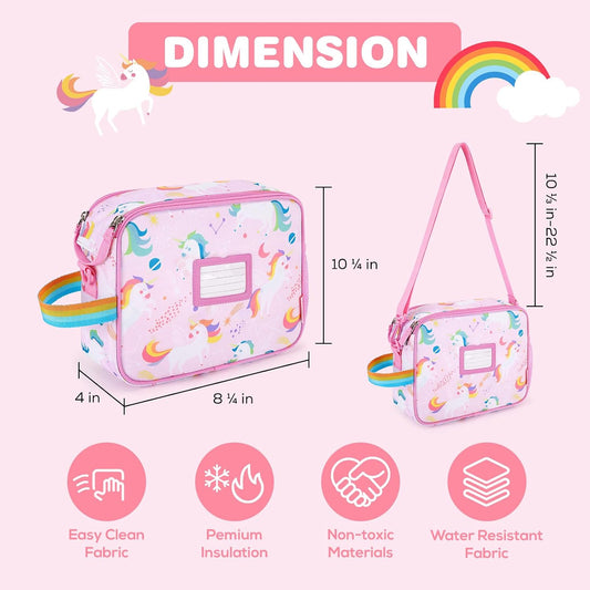 TOURIT Kids Lunch Box Insulated Lunch Bag for Girl Toddler with Water Bottle Holder, ID Tags, Water-Resistant Durable Rainbow Tote Bag Adjustable Strap Double Zipper for School, Pink Unicorn