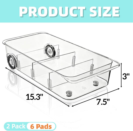 2 Pack Refrigerator Organizer Bin with Wheels, Roll Out Pantry Storage with Dividers, Clear Plastic Refrigerator Drawer, Upgrade Thick Fridge Caddy for Under Sink, Kitchen Organization
