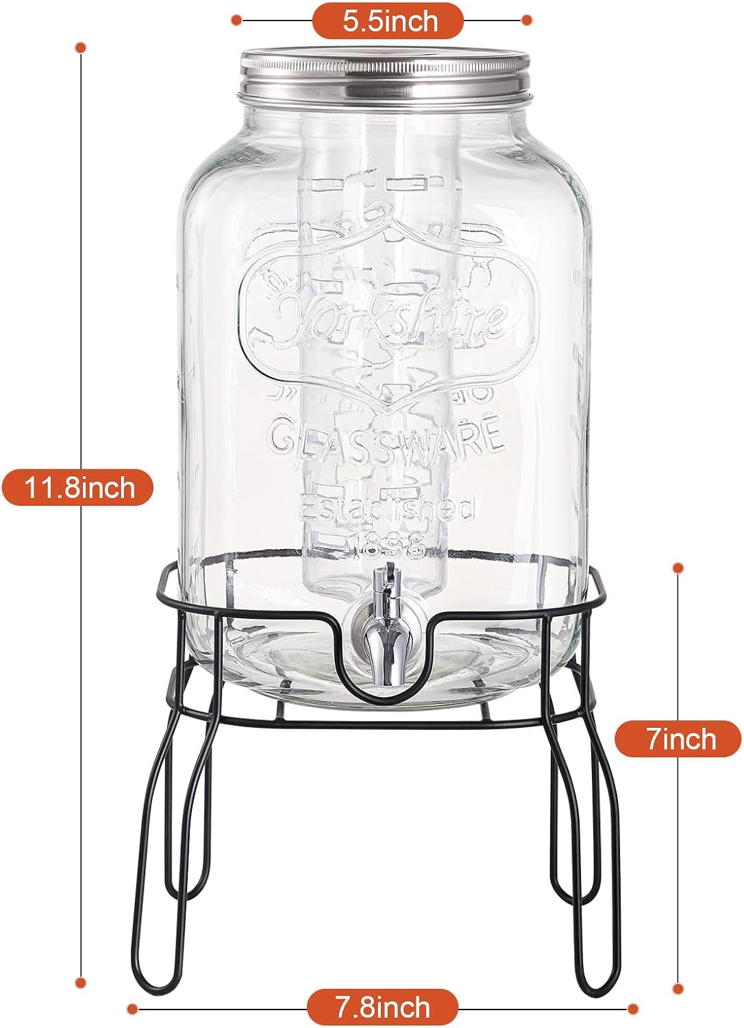 1 Gallon Glass Drink Dispensers for Parties, 2 Pack Beverage Dispenser with Stand, Fruit Infuser & Leakproof Stainless Steel Spigot, Juice Dispenser for Lemonade, Iced Tea, Sun Tea & Infused Water