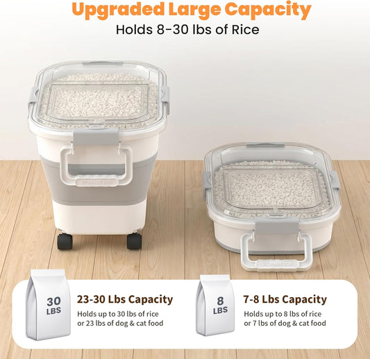 30 Lbs Rice Storage Container with Wheels, Collapsible Airtight Dog Food Storage Container with Transparent Lid, Measuring Cup, Scoop, Handle, BPA Free Rice Holder for Pet Food, Grain, Bird Seed