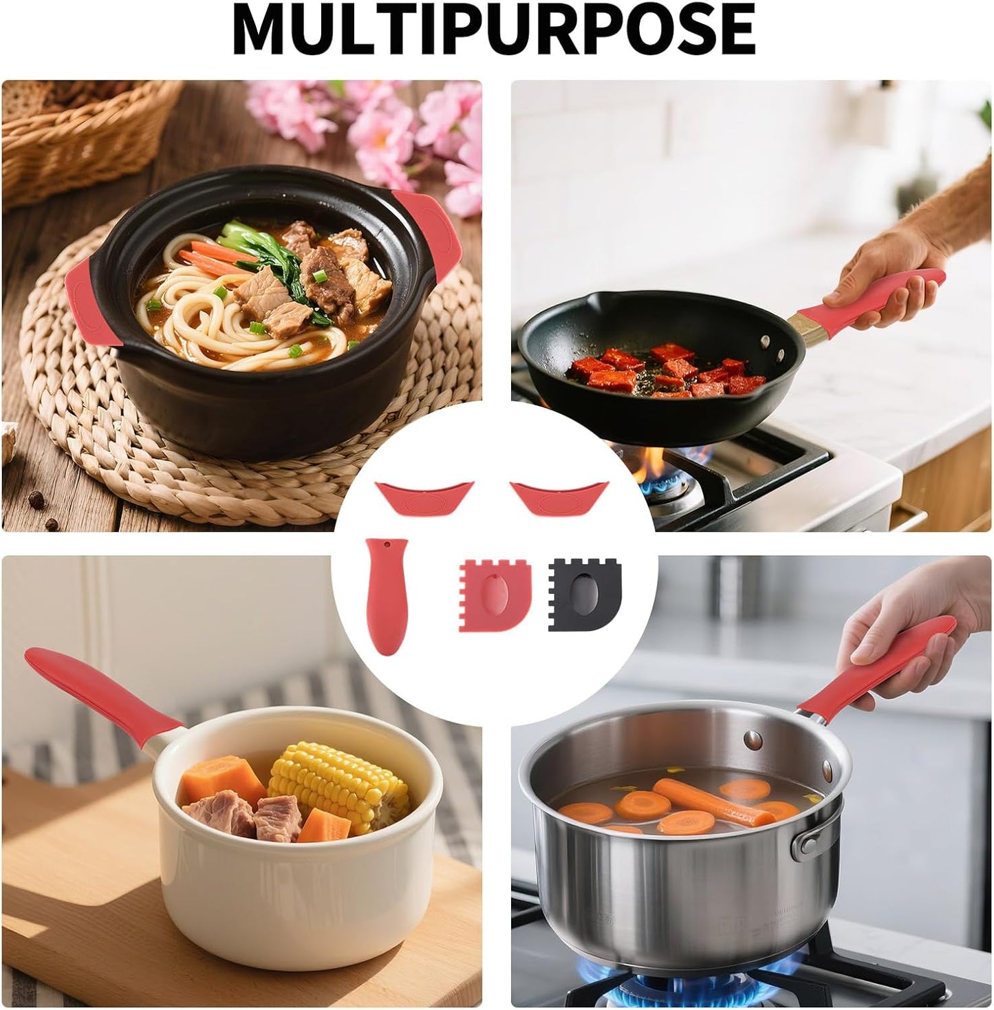 5pcs Silicone Handle Cover for Lodge Cast Iron Skillets, Includes Pan Grip Handle Cover 2 Assist Pot Holder Sleeves & 2 Grill Scrapers Heat Resistant Dishwasher Safe