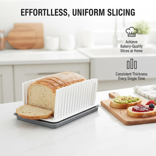 New Upgrade Bread Slicer for Homemade Bread, Bread Slicing Guide Adjustable Width, Foldable and Compact Cutting Guide with Crumb Tray, Suitability for Homemade Bread, Bagels, Cakes