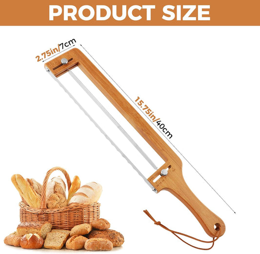 Adjustable Bread Slicer for Sourdough, 15.75x 2.75 inches Wooden Sourdough Bread Knife with Thickness Guide, Precision Cutter Tool for Crusty Sourdough & Baguette, with leather hanging strap