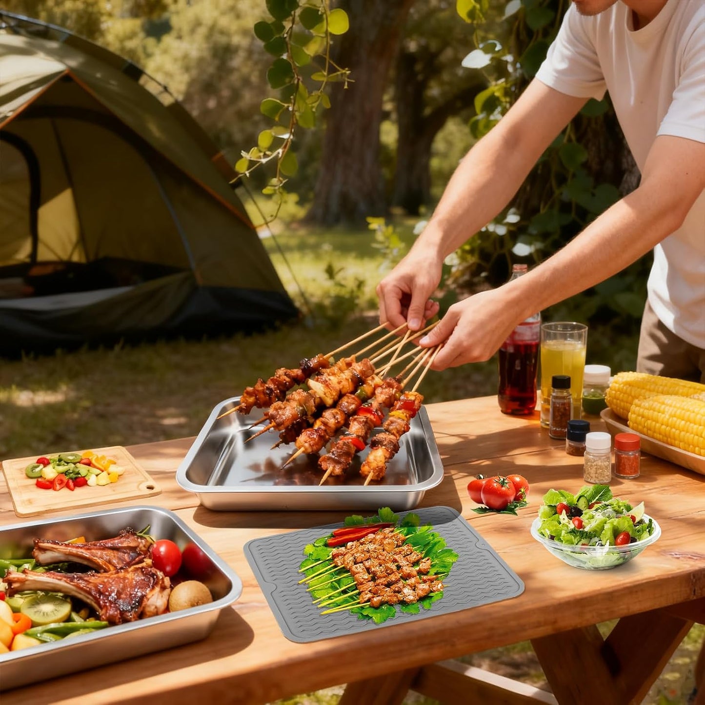 10PCS Grill Carry System Lanstics 15.7"x11.8" Grilling Prep Trays Stainless Steel Platter BBQ Serving Trays with Lid Chopping Board Skewers for Outdoor Barbecue Party