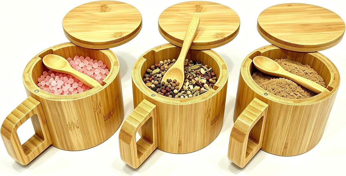 Bamboo Salt Cellar with Handle, 10oz Magnetic Swivel Lid & Spoon